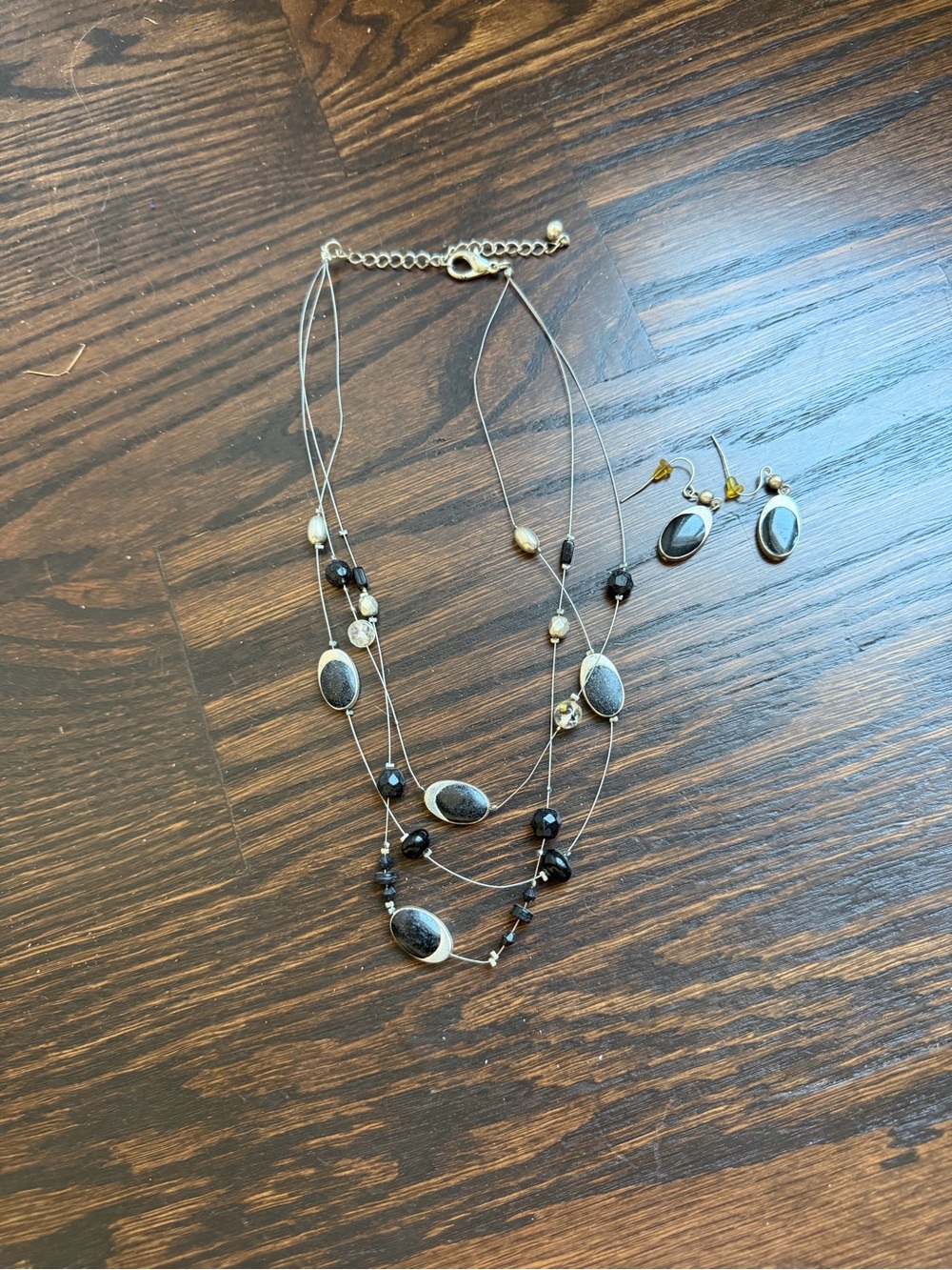 Multi-Strand Black and Silver-tone Beaded Necklace & Earring Set